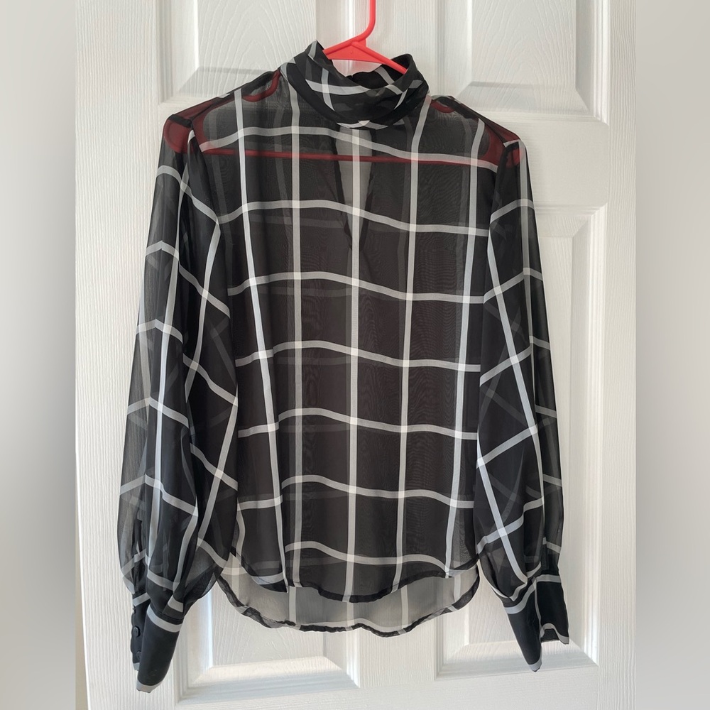 Prologue Sheer Windowpane Turtle Neck Blouse